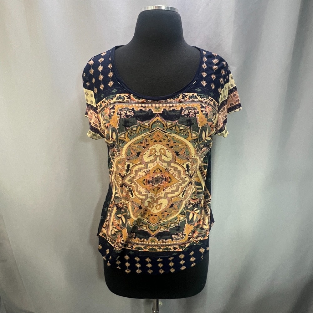 Lucky Brand Persian Carpet T Shirt Womens Large Multicolor Scoop Neck Cap Sleeve
